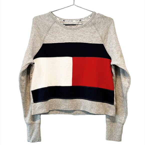 TOMMY HILFIGER Sport‎ Crop Crew Neck Sweatshirt - Small - Gray, navy, red  NWOT - Picture 1 of 7
